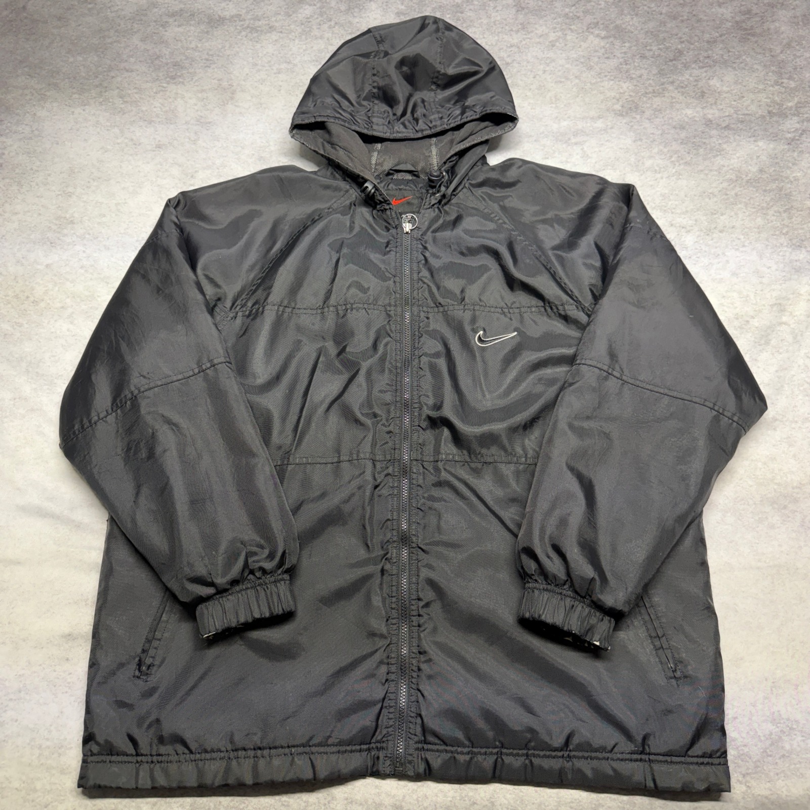Vintage Nike Big Swoosh Retro Hooded Windbreaker Jacket Black Y2k Baggy Youth Xl